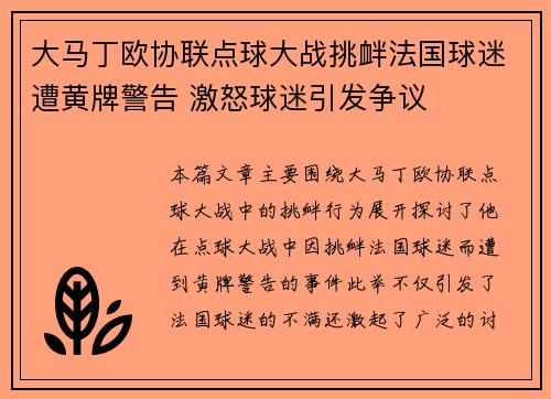 大马丁欧协联点球大战挑衅法国球迷遭黄牌警告 激怒球迷引发争议