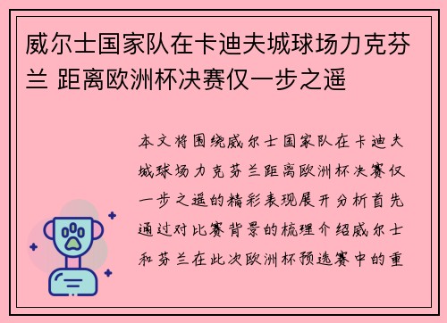 威尔士国家队在卡迪夫城球场力克芬兰 距离欧洲杯决赛仅一步之遥 威尔士国家队在卡迪夫城球场力克芬兰 距离欧洲杯决赛仅一步之遥